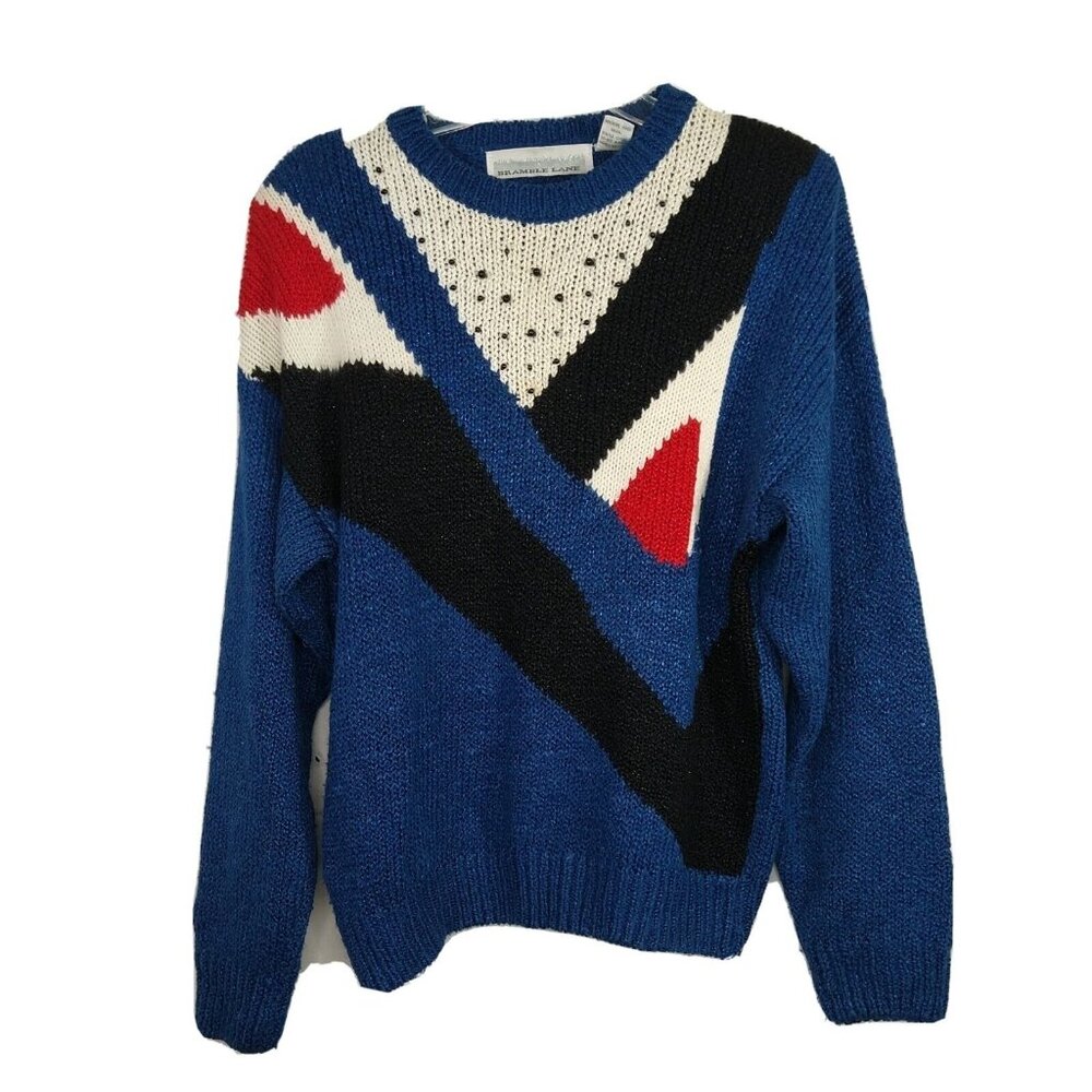 Vtg Bramble Lane Sweater Beaded Women Size L Blue Geometric Metallic Long Slv
